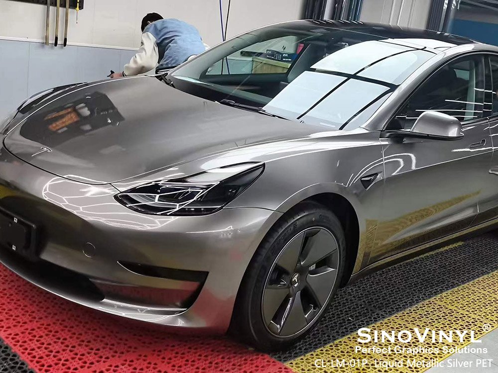 CL-LM-01P Liquid Metallic Silver PET Vinyl Material Supplier for TESLA